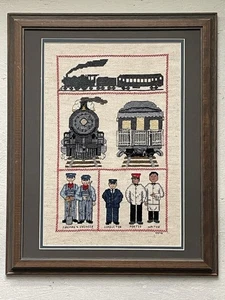 Patricia Gaskin Down At The Depot COMPLETED and Framed Sampler Cross Stitch 1991 - Picture 1 of 5
