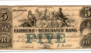 $5 "FARMERS & MERCHANTS BANK" (TENNESSEE) 1800'S $5 "FARMERS & MERCHANTS" NICE!! - Picture 1 of 3