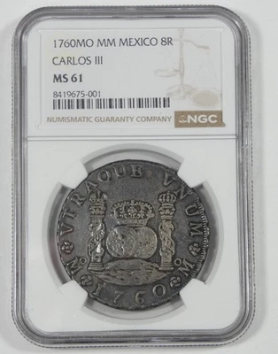 1760 Mo M.M. Moeda de prata 8 reais MÉXICO Carlos III dólar pilar NGC MS 61 - Imagem 1 de 4