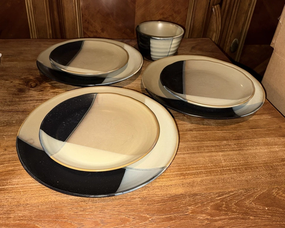 7pc Sango Gold Dust Black Dishes 5022 Set Glazed Stoneware Service For 3 EUC! - Image 1 of 4