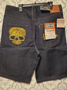 Vintage Evisu Genes Denim Shorts Embroidered Shorts Mens Size 38 New Tags - Picture 1 of 10