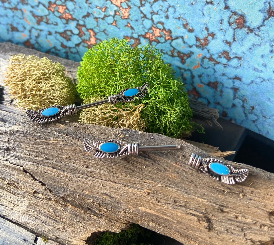 PAR de anéis de mamilo tribal pena esmalte turquesa escudos piercing joias corporais - Imagem 1 de 4