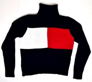 Vintage Tommy Hilfiger Sweater Size M/L 80s 90s Navy Cotton Turtle Neck Big Flag - Picture 1 of 7