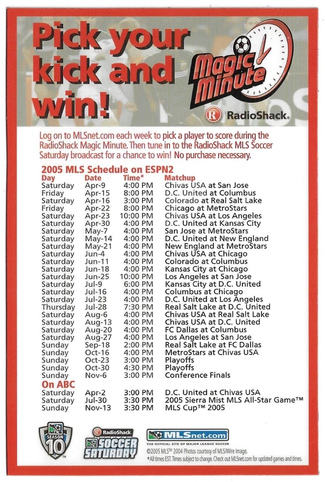 罕见 2005 年 MLS 联赛磁铁足球时间表!!! 无线电黑客 — 第 1/1 张图片