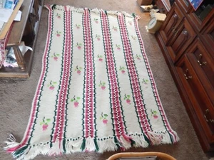 Vintage Handmade Knit Crocheted Blanket Afghan 65'' X 45'' STRIPES PINK FLOWERS - Picture 1 of 12