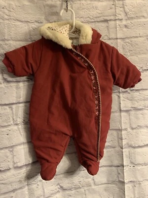 ❄️Koala Baby Hooded Snowsuit Dark Red w/Floral & Faux Fur Trim Size Newborn #298 - Image 1 of 4