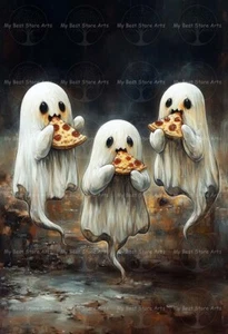PIZZA GHOST ART PRINT, Halloween Home Decor, Witchy Fantasy Spooky Poster F044 - Picture 1 of 3