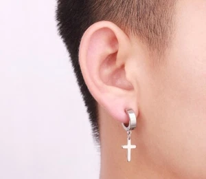 2 Piece Silver Cross Hoop Earrings - Pair - Christian, Rock, Punk, Goth - Picture 1 of 1