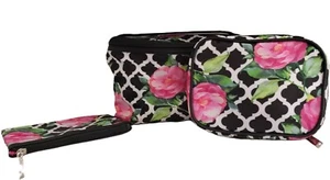 Modella 3 Piece Makeup Cosmetic Travel Bag Zippered Pouches Pink Black Floral - Picture 1 of 13