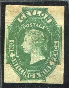 Ceylon 1857-59 imperf. 1s9d green SG 11 hinged mint (cat. £950) minor gum faults - Picture 1 of 2