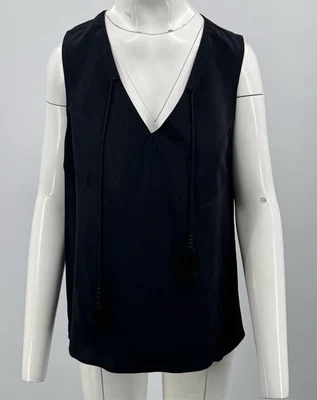Derek Lam black silk v-neck sleeveless blouse with tassels womens size 12 - Image 1 of 4
