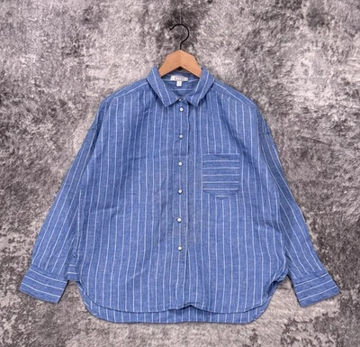 Camisa feminina AYR top média The Deep End listrada azul linho botão - Imagem 1 de 4