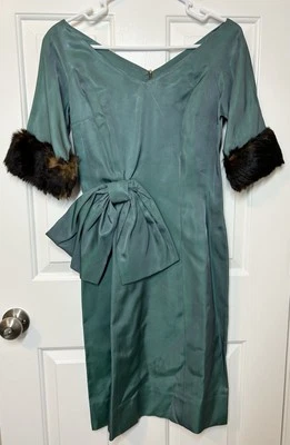 Vintage 1950's Teal Satin Dress Mink Fur Trim Sleeves Sz S NEEDS REPAIRS - Image 1 of 4