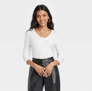 Nueva camiseta de día manga larga acanalada cuello redondo para mujer mediana elástica blanca - Imagen 1 de 10