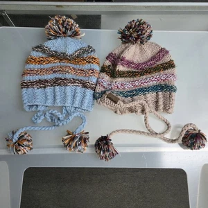 LOT OF 2 Winter Crochet Fashion Stocking-Beanie Hats MltiClr. W/Poms Chaos Brand - Picture 1 of 8