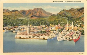 Tarjeta postal del estanque de la década de 1940 Honolulu Hawaii Aloha Tower & Harbor vista aérea 4362 - Imagen 1 de 2