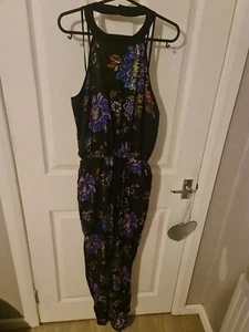 Multicoloured Floral black and blue silky jumpsuit size 8 halterneck - Picture 1 of 5