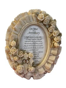 New Dicksons Anniversary Photo Frame Cream Porcelain Faux Pearls Roses Ruffles - Picture 1 of 8