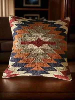 Heavy Handmade 18x18" Jute Kilim Cushion Cover Indian Vintage Pillow 18x18 - Image 1 of 3