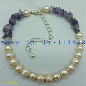 Natural 7-8mm Pink Freshwater Pearl&Irregular Purple Jade Gem Bead Bracelet 7.5" - Picture 1 of 4
