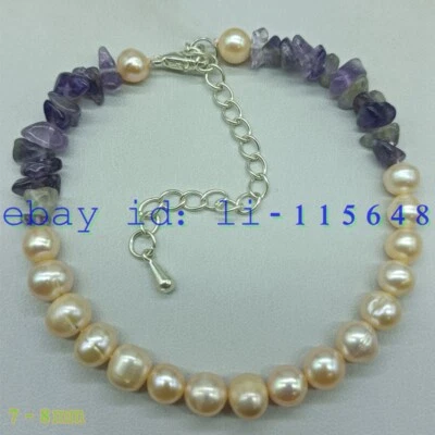 Natural 7-8mm Pink Freshwater Pearl&Irregular Purple Jade Gem Bead Bracelet 7.5" - Image 1 of 4
