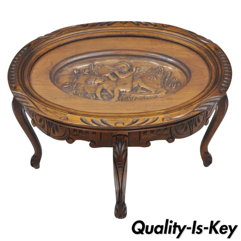 French Renaissance Style Glass Top Tray Coffee Table with Carved Cherubs Angels Cover