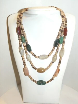 Collier 3 rgs bois de coco clair perles d'agate véritable multicolore et unique - Photo 1/4