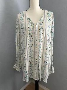 Style & Co Sz Large Teal & White Floral Collarless Button Up Top Lightweight E13 - Picture 1 of 8