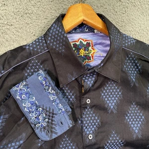 Camicia abito Robert Graham XL nero blu geometrico diamante seta ricamato polsino - Foto 1 di 19