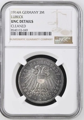 VALORIS Kaiserreich 3 Mark Lübeck 1914 A Wappen NGC UNC Details - Bild 1 von 2