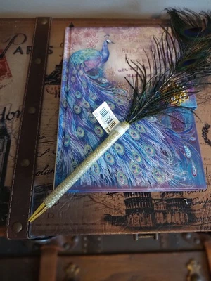 Punch Studio Mag. Brooch Peacock Journal~ Gold Embossing~208 Pgs ~ Feathered Pen - Image 1 of 4