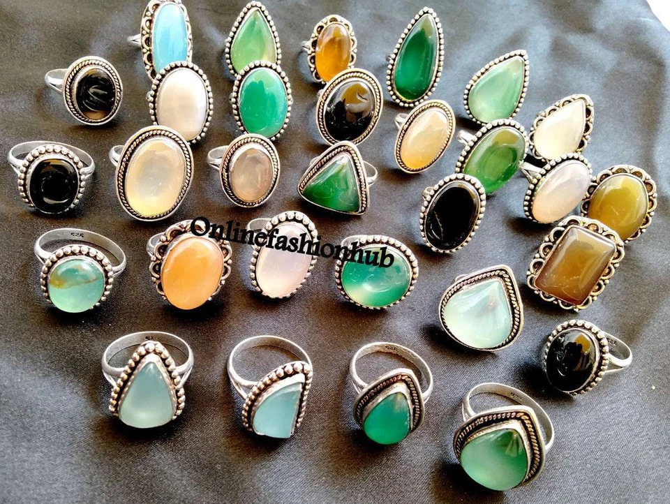 Offer Onyx & Mix Gemstone 925 Sterling Silver Plated Handmade 25Pcs Rings Lot - Image 1 of 1