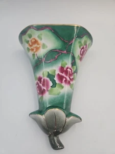 Vintage Nippon Hand Painted Green Floral Wall Pocket Vase - Picture 1 of 6