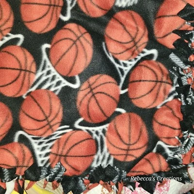 BASKETBALL ON PLAID Print Handmade Tie Blanket Oversize Fleece Throw 52"X 60"  - Image 1 of 4