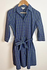 Lands End Canvas Plaid Shirt Dress Sz 2 Blue Green Button Up Long Sleeve - Picture 1 of 10