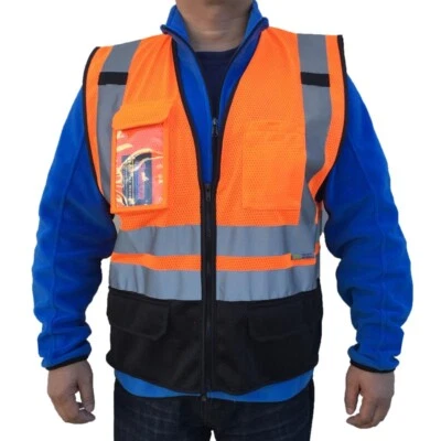 3C Products ANSI 107-2015 Class 2 Deluxe Neon Orange Safety Vest w/ Black Bottom - Image 1 of 4