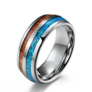 Tungsten Carbide Color Shell/Blue Opal Band Male's Wooden Pattern Ring Size 7-12