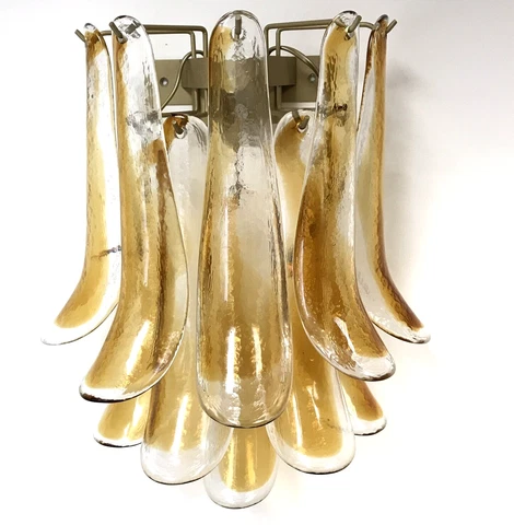 Mazzega Murano Glass Amber Feather 2-Light, Shoehorn 10-Petal Glass Wall Sconce Cover