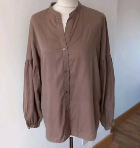 Arket Neutral Brown loose Blouse Boho Cottage Core Puff Sleeve Collarless 14 UK - Picture 1 of 13