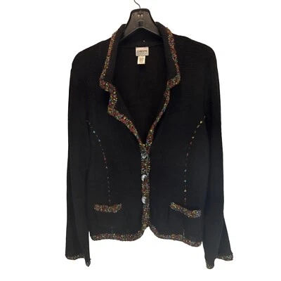 Chico's Black Knit Cardigan Jacket Size 2 Multicolor Trim Button Front Pockets - Image 1 of 4