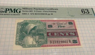 Military Payment Certificate, 5 Cents Series 661 Military Payment Certificate - Image 1 of 4