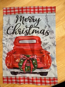 12X18" Merry Christmas Old Red Truck Snow Wreath Small Garden Flag 2 Sided - Picture 1 of 3