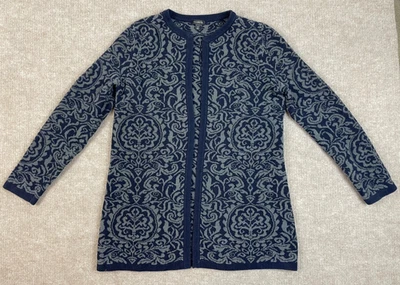 Suéter Talbots Azul Gris Cárdigan Largo Frente Abierto Terry Tela Floral Mediano Foto 1 de 4