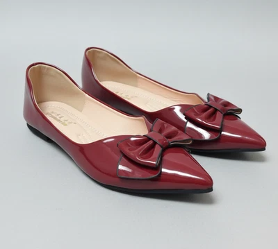 Women's Maroon Patent Leather Pointed-Toe Flats with Bow Deta Size 9 Hanmeinvtas - Image 1 of 4