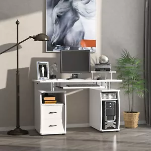 Computer Office Desk PC Table Workstation with Keyboard Tray, Drawers, White - Picture 1 of 11