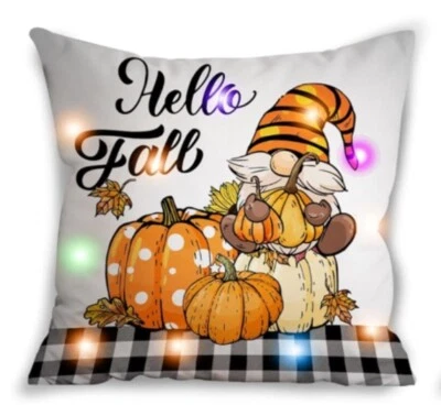 "Funda de almohada suave con luz LED otoño gnomo calabaza 18x18"" decoración del hogar de vacaciones" Foto 1 de 4