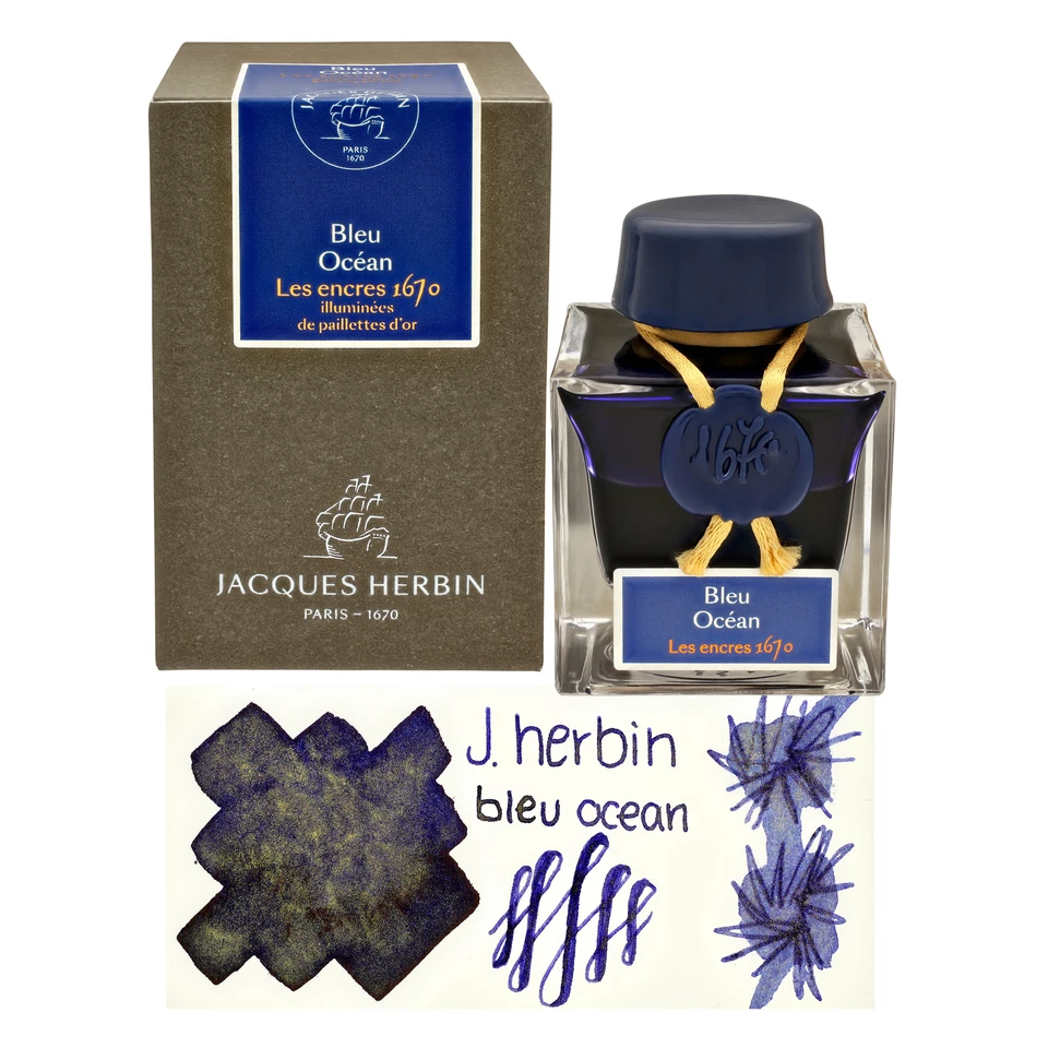 J. Herbin "1670" Anniversary Fountain Pen Ink - Bleu Ocean Golden Sparkle 50ml - Image 1 of 1