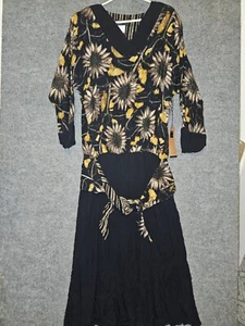 NWT Vintage Carole Little Maxi Sunflower Black Dress Flowy Gold Fall Size 10 - Picture 1 of 6