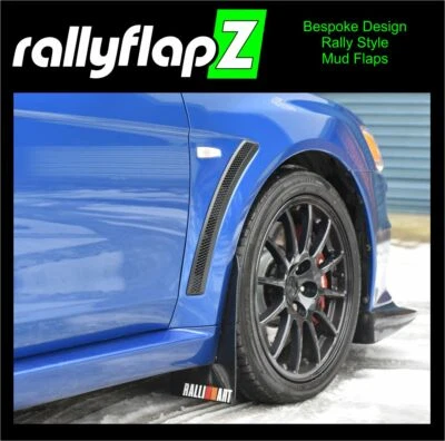 rallyflapZ | Mudflaps Mitsubishi Lancer Evo X Black 4mm PVC Ralliart White R&O - Image 1 of 4