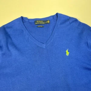 Polo Ralph Lauren Suéter Cuello en V Algodón Tejido Pullover Azul Verde Logo L - Imagen 1 de 7